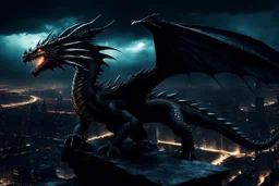 black dragon flying across the city at night dark fantasy lightening glowing eyes