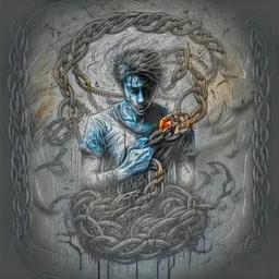 Generate a sketch that depicts a trapp in the clutches of addiction, with visual elements symbolizing the allure and dangers of substance abuse, such as dark shadows, chains, or swirling vortexes