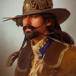 portrait,"Insanely detailed photograph of a male western mustachioed crossbowman", detailed charro, sequenced Sombrero, detailed held dagger, digital painting, artstation, concept art, sharp focus, illustration, art by artgerm and greg rutkowski and alphonse mucha, 8 k,fantasy, unreal engine