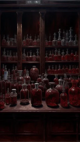 A dark brownish scarlet laboratory with demented vials painted by Henri-Robert Bresil