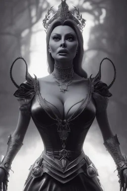 Sophia Loren as evil queen in black leather, cleavage, angry, stern look. character design by cory loftis, fenghua zhong, ryohei hase, ismail inceoglu and ruan jia. unreal engine 5, artistic lighting, highly detailed, photorealistic, fantasy