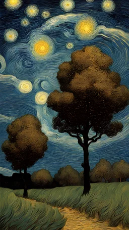 trees and stars on the sky by Van Gogh