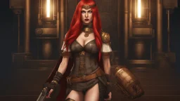 full body and headshot of a skinny Cleopatra, with long straight red hair, dressed as an assassin standing in a steampunk setting.