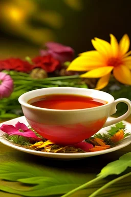 A steaming cup of herbal tea, infused with the vibrant colors of a blooming garden, beckons you to take a sip and be transported to a world of relaxation and rejuvenation.