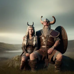 Viking theme, a younger woman sitting next to a 50-year-old man, portrait, 8K, close-up face, anatomically perfect face, Highly detailed stunning full frame portrait, misty and cloudy atmosphere