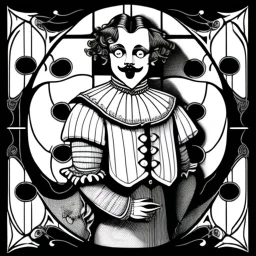 Storybook illustration of a Pierrot Clown, black and white, Beardsely style, art nouveau elements, vintage drawing, pierrot vintage, black and white marble floor