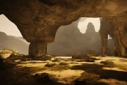 full landscape, ancient city in cave, atmospheric, realistic, unreal engine, cinematic lighting, octane render.