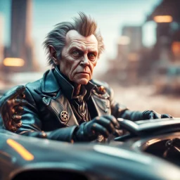 airbrush with pen outline, close up portrait of cool space pimp Walken gremlin in high speed stunt car action scene, wearing driver gloves, in the style of a fallout 4,bokeh like f/0.8, tilt-shift lens 8k, high detail, smooth render, down-light, unreal engine, prize winning