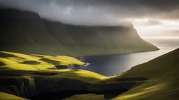 Mountainous landscape on the Faroe Islands, dramatic sunlight, chiaroscuro, awe-inspiring, beautiful composition, award-winning photograph