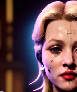 Young blonde Madonna, pretty cyber woman, cold ambient, latex, cables, purpurin, black, gold, piercings, brown, decorative color feathers, circuits, neon style, a lot of led lights, fog, rain, vibrant color, highly detailed, art stations, concept art, smooth, unreal engine 5, god rays, ray tracing, RTX, lumen lighting, ultra detail, volumetric lighting, 3d, finely drawn, high definition, high resolution.