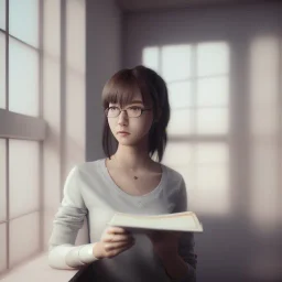 female student studying by the window, anime style,perfect face, cool face, unreal engine 5, cinema4d, sun light, studio lighting --ar 1:1 --v 4