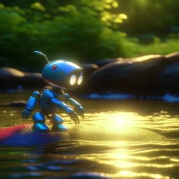 cute blessed chat robot catching a big fish in a river stream, 8k, downlight, soft light, depth of field, photorealism, trending on art station, lotsa detail