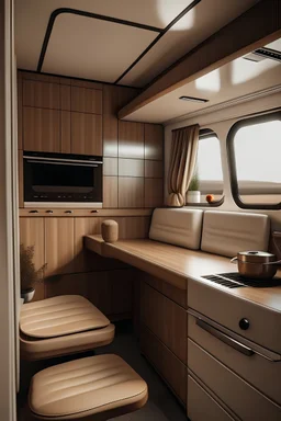 Create the interior of a van with wooden countertops, cabinet handles in cappuccino brown leather, warm white cabinets, brown leather seats in a cappuccino shade, and light flooring. The style should be cozy like a home, with a bed at the back, a bathroom built into the right wall, and a small kitchen on the left.