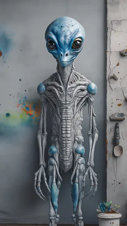a beautiful gray alien body details standing by a wall front view scared