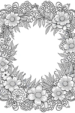 black and white beautiful thin frame made out of flowers for coloring pages, go all the way to the edges for the frame and leave a lot of space in the middle of the page, use only black and white, clear crisp outlines, no black background, go all the way to the outer edges of the page, use more space in the center of the page, make it rounder, use less shading, use more space in the center of the page, widen the frame, open up frame, more flower