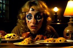 Spooky, ultra realistic distress, dining, ultra realistic hot woman, nose, giant eye on a table, organic hot bondes, dynamic, anguish, excited and lively scene, hypermaximalist figures, Creepy the Ring Alfred Hitchcock, Sam Raimi, insanely detailed, sinister, John Carpenter, Dario Argento, ornate