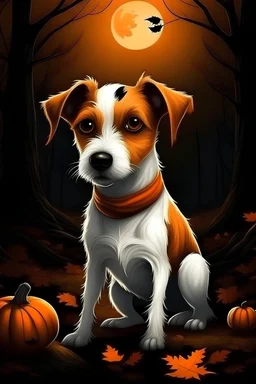 adult Dog breed jack russell terrier with short hair Halloween version(). painted in oil. Scary forest with orange -moon and fly bat on background.