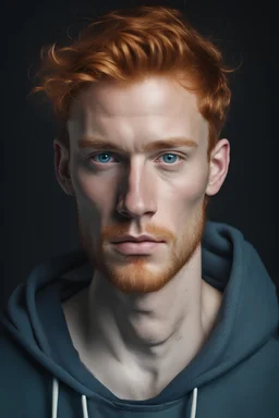 ginger 32 years old man, face with freckles. blue eyes, beautiful lips. Contemporary artist. make light for installations.. In a black hoodie. Earring on the right ear. Looks like in a depression. cinematic portrait