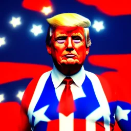 Realistic image of Donald trump super hero, retro style, watchmen style, red white blue colors, white stars, suspenders, latex material, 80s, vibrant color, highly detailed, sky background, concept art, unreal engine 5, god rays, ray tracing, RTX, lumen lighting, ultra detail, volumetric lighting, 3d, finely drawn, high definition, high resolution.