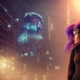 room with large movie screen with tangled wires to cyberpunk futuristic helmet and goggles on woman's head and face, 8k resolution, high-quality, fine-detail, intricate, digital art, detailed matte, volumetric lighting, baroque, illustration, octane render, brian froud, howard lyon, selina french, George Grie, Ben Goossens, Igor Morski