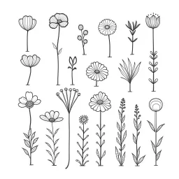 set of growing wind flower from tiny, SIMPLE ONE lineS art, white background, minimalis, different view, only white bakcground solid.