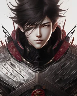 Detailed anime boy, dark brown hair, black and red dragon scale armour, intricate details, full body portrait, keep head in frame, slight smile, black Japanese motif, concept art, highly detailed, digital painting, concept art, sharp focus, illustration, art by Yoji Shinkawa, WLOP and greg rutkowski and alphonse mucha and artgerm and yanjun Chen and Junji ito and Makoto Shinkai, HDR, octane render