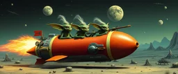 hairy macho gremlin aliens living in a hi tech marvellous hot dog rocket with a mounted trebuchet, heading for venus