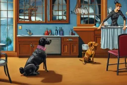 one Dog sat on a chair wearing a pair of glasses and reading the newspaper, second dog washing dishes in a sink in the background, surrealism, maximalism, dynamic lighting, dynamic movement, panorama, wide-angled lense, DSLR, intricately detailed