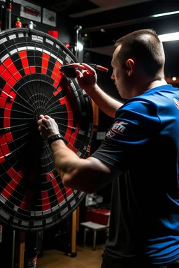 A men shoot darts on a winmau board