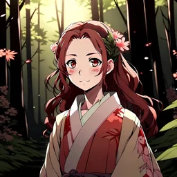 Kimetsu no yaiba screencap of a female. A girl stands at sunset in the forest. She has flowers in her hands. thin face, long waist-length brown hair. Large brown eyes. Her lips are painted with red lipstick. Arrows are drawn on the eyes. She is wearing a pink kimono. Generate a character so that it can be seen from the waist up