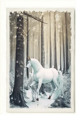 in a cosy vintage style, a unicorn in a white forest