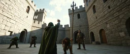 mintegrated_multimodal_description: [Shot 6] An eight-second cinematic fantasy scene in an ancient stone courtyard of a Forgotten Realms castle, late afternoon. Begin with a low wide establishing shot moving slowly forward toward a young wizard in a weathered green cloak and his adventuring companions, a rugged barbarian and cautious ranger. Two goblins approach in the background. The camera gently arcs around the wizard as he raises his staff and confidently begins a summoning spell. poster