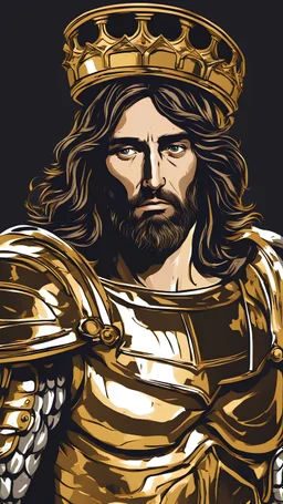 Jesus Christ is wearing a golden knight armor and has an tense expression .