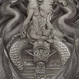 A legendary snake god with a large and spiral body and a snake head in the form of a male lion, with eagle wings.