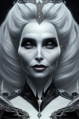 Constance Langdon as evil queen in black leather, leather, busty, cleavage, angry, stern look. character design by cory loftis, fenghua zhong, ryohei hase, ismail inceoglu and ruan jia. unreal engine 5, artistic lighting, highly detailed, photorealistic, fantasy