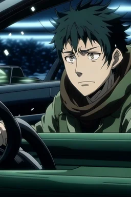 Megumi Fushiguro | Jujutsu Kaisen a guy with disheveled black hair an anime character is sitting in a car wearing a scarf. It's snowing outside and it's nighttime. Everything is pale and dreary