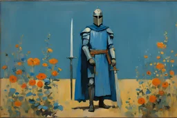 Euan Uglow oil painting, Otherworldly, 1970s dark fantasy paper book cover. the knight of blue and flowers standing with his weapon posing for painting