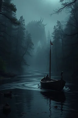 fiume in una foresta oscura con barca antica romana e una creatura gigante sullo sfondo in mezzo agli alberi