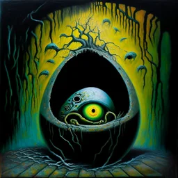 Doolally Trap nightmare anathema, eerie egg machinations, surreal, sinister, scary, profound, dramatic, acrylic painting