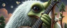 close up on member of banjo jazz giant polar alien sloth gremlin sheep flock climbing trees
