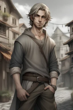 Human, grey eyes, normal skin color, ashy hair, a young man, gray shirt, gray pants, full length, slightly unshaven, background city of craftsmen, Middle Ages