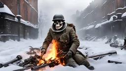 British soldier UNIFORM, SKELETON FROM WORLD WAR ONE, half buried BESIDE HIS ARTILLERY, BURNING, BLOOD in a snowy london street 1898, the snow, alien creature feeds on his corpse, , SNOW ON THE GROUND, BURNING DEBRI LIES ALL AROUND, PHOTO REALISTIC, EPIC, CINEMATIC