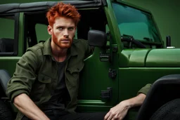 Young rugged looking male with red hair and green eyes sitting in a jeep close up photo realistic