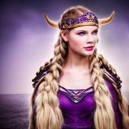 beautiful viking queen with purple armor, delicate blue braided hair, white flowing dress, highly detailed, 8k, ambient light, atmospheric lighting, taylor swift