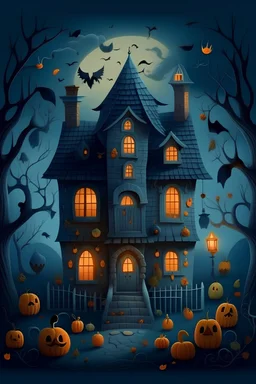 :: Illustrate a charming and whimsical haunted house scene with cute witch, quirky pumpkins, and scary owl, all surrounded by a moonlit sky