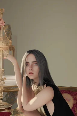 Billie Eilish, sitting on a chair, Black Short Dress, high detail, realistic, 8k