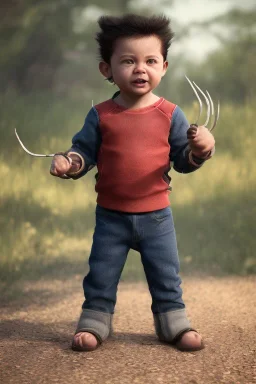 Wolverine toddler, full body, bokeh, hyper realistic