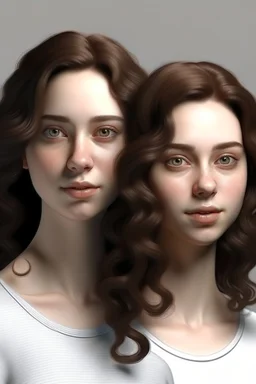 Adult Twin sisters with brunette hair. Hyper realistic.