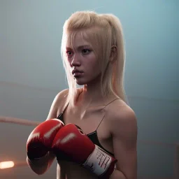 Cyberpunk blonde girl, boxing in the ring unreal 5, octane render,cinema4d, dynamic lighting, 8k, redshift render, highly, hyperrealism ultra detailed, hyper realistic.