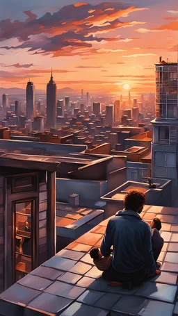 a scene of a couple sitting on a rooftop, reflecting on life as they watch the sunset over the city. Pay attention to the realistic details of the urban landscape, the changing hues of the sky, and the quiet intimacy of the moment